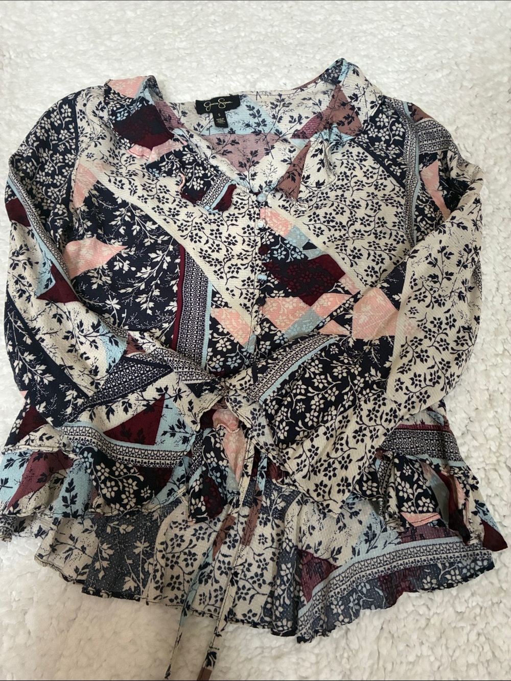 Boho Mixed Patchwork Floral Tie-Waist Blouse  Size Small